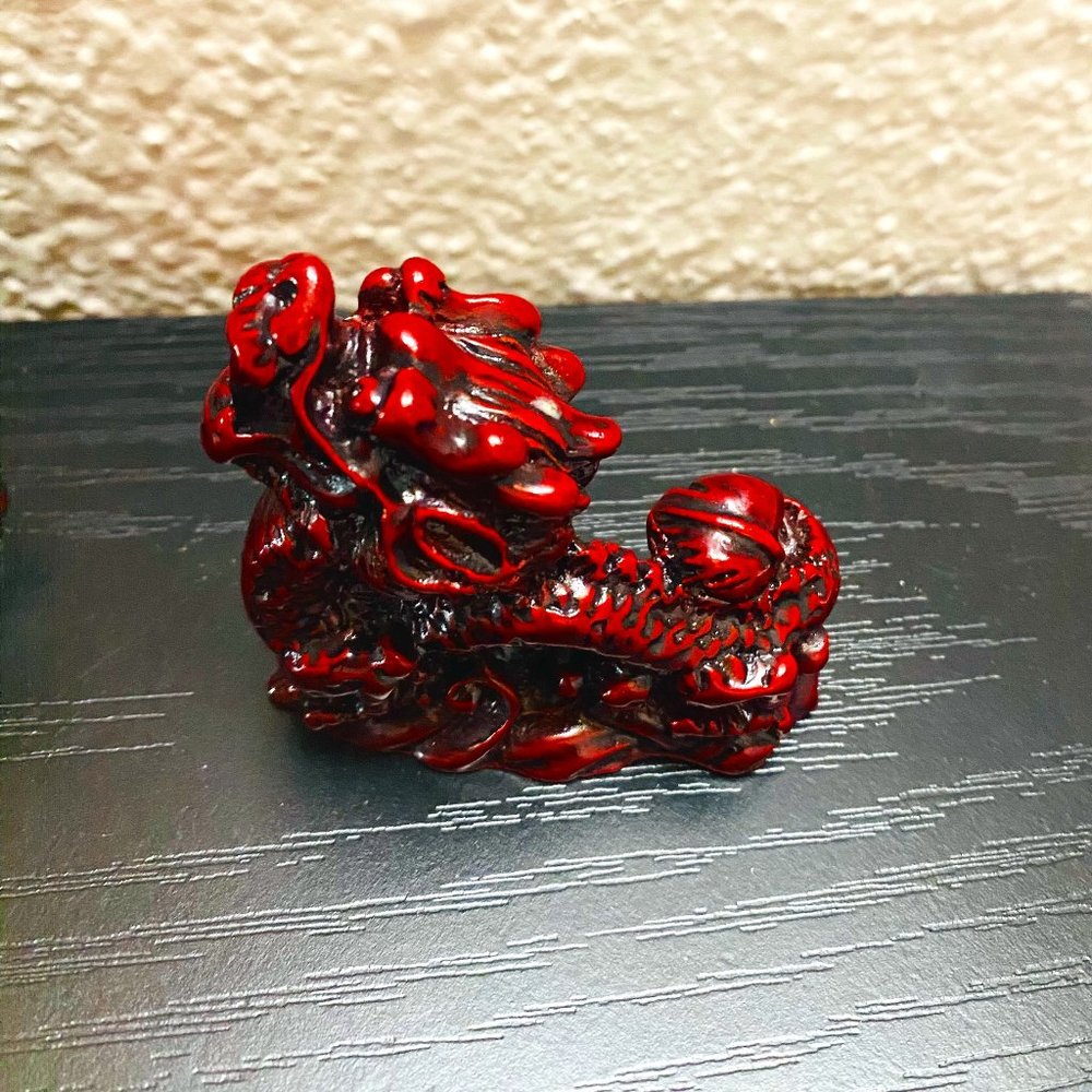 Vintage Chinese Dragon Resin Figurine Statue Cinnabar Red Feng-Shui 3” C